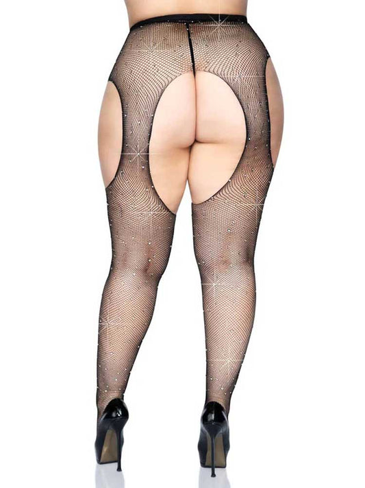 Casey Rhinestone Fishnet Suspender Pantyhose - Queen - Black LA-9108XBLKQ