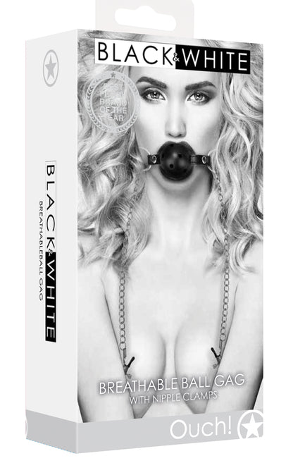 Breathable Ball Gag With Nipple Clamps - Black OU-OU680BLK