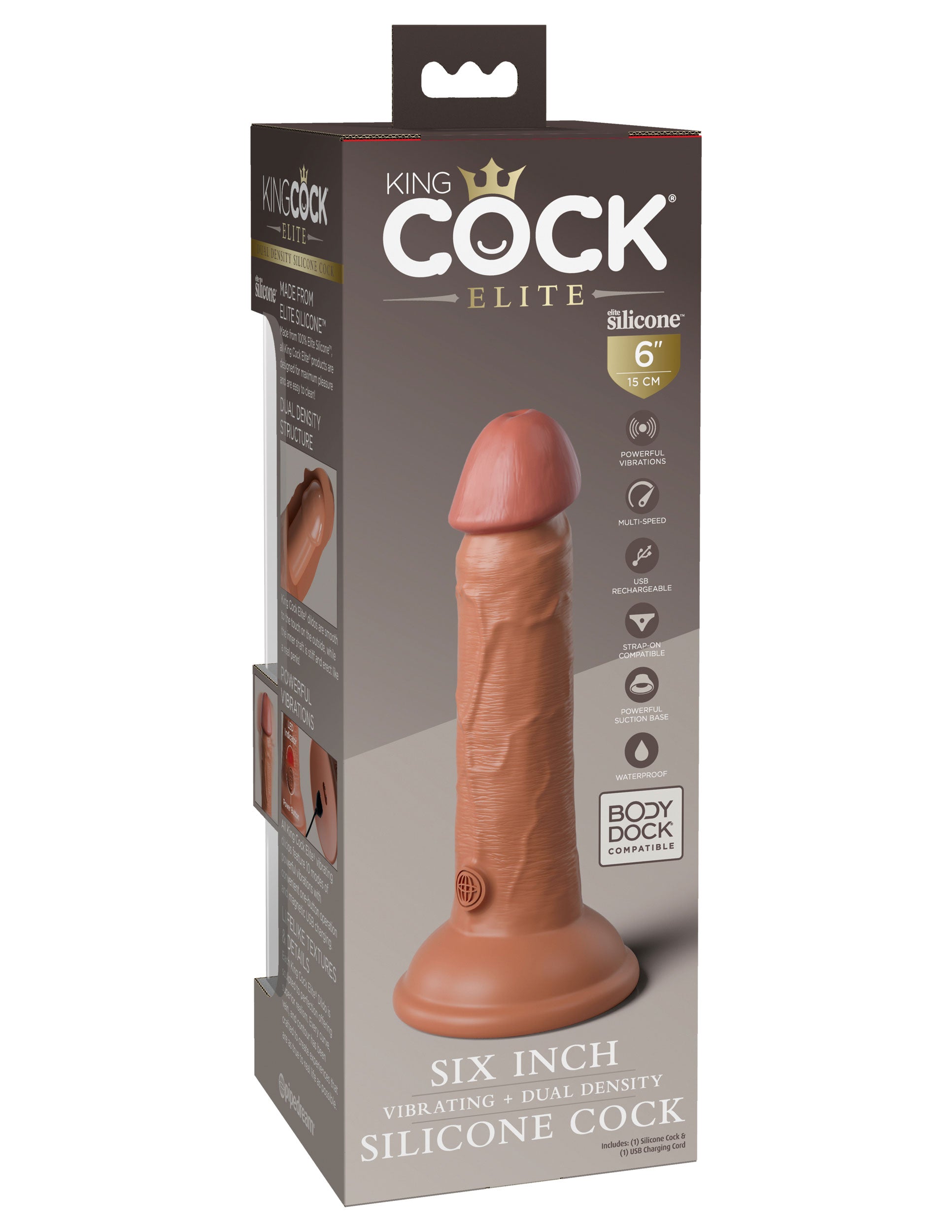 King Cock Elite 6 Inch Vibrating Silicone Dual  Silicone Dual Density Cock - Tan PD5776-22