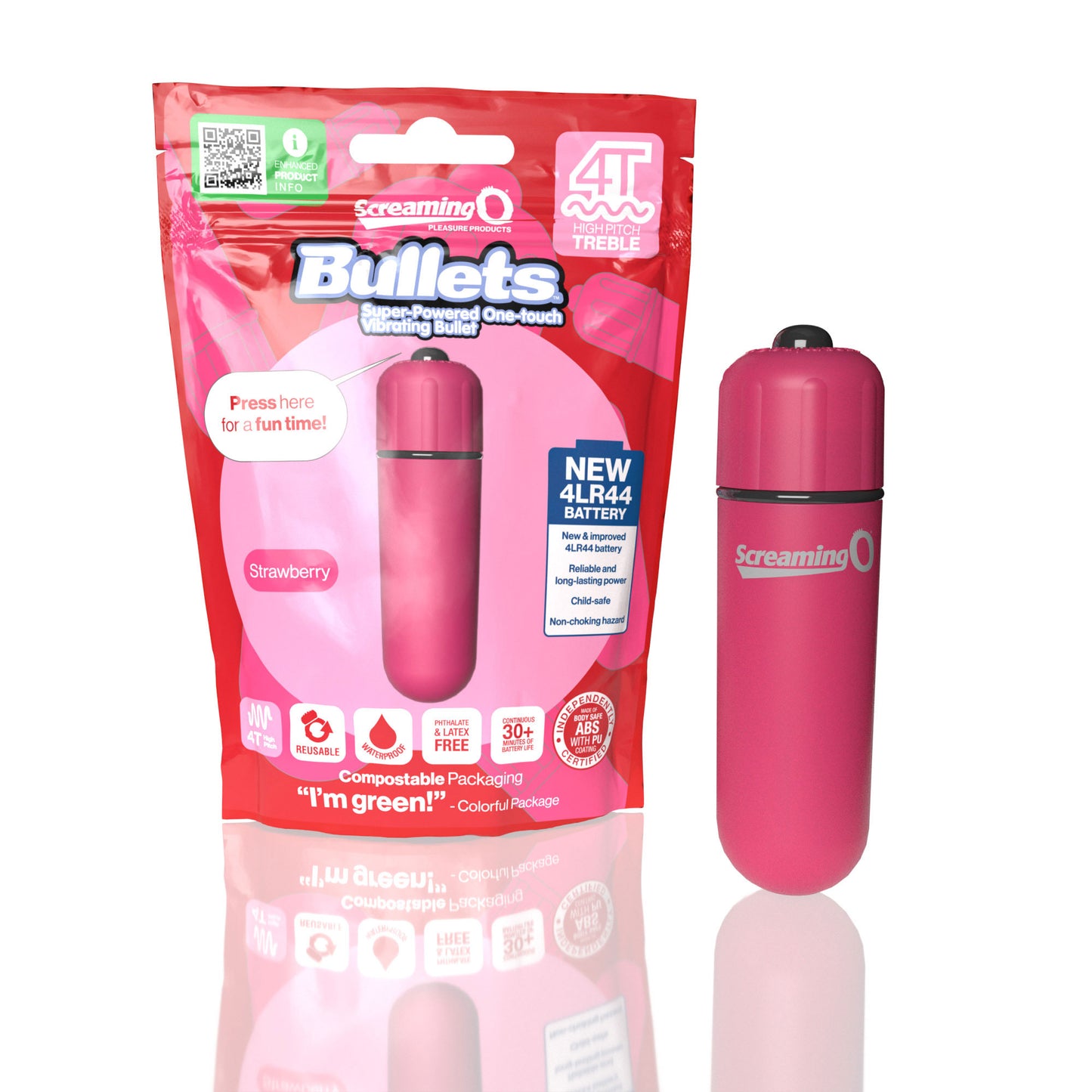 Screaming O 4t - Bullet - Super Powered One Touch  Vibrating Bullet - Strawberry SO-4TBUL-ST