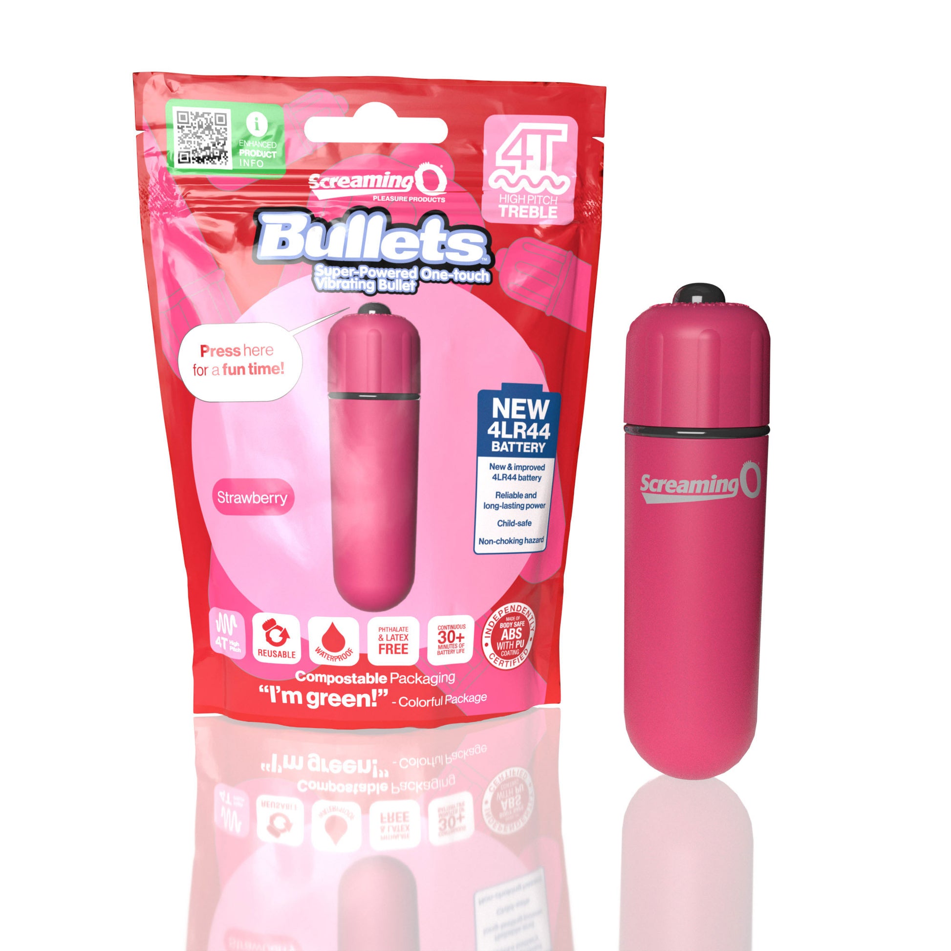 Screaming O 4t - Bullet - Super Powered One Touch  Vibrating Bullet - Strawberry SO-4TBUL-ST