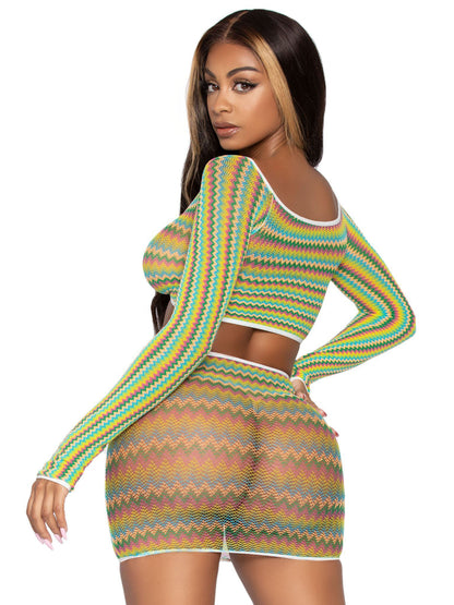 2 Pc Zig Zag Net Crop Top and Mini Dress - One  Size - Green LA-81629GRNOS