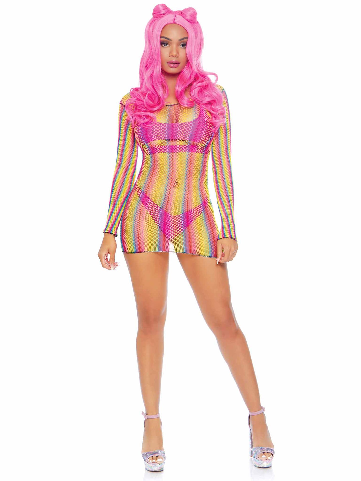 Rainbow Fishnet Long Sleeved Mini Dress - One Size - Rainbow LA-86795RNBOS