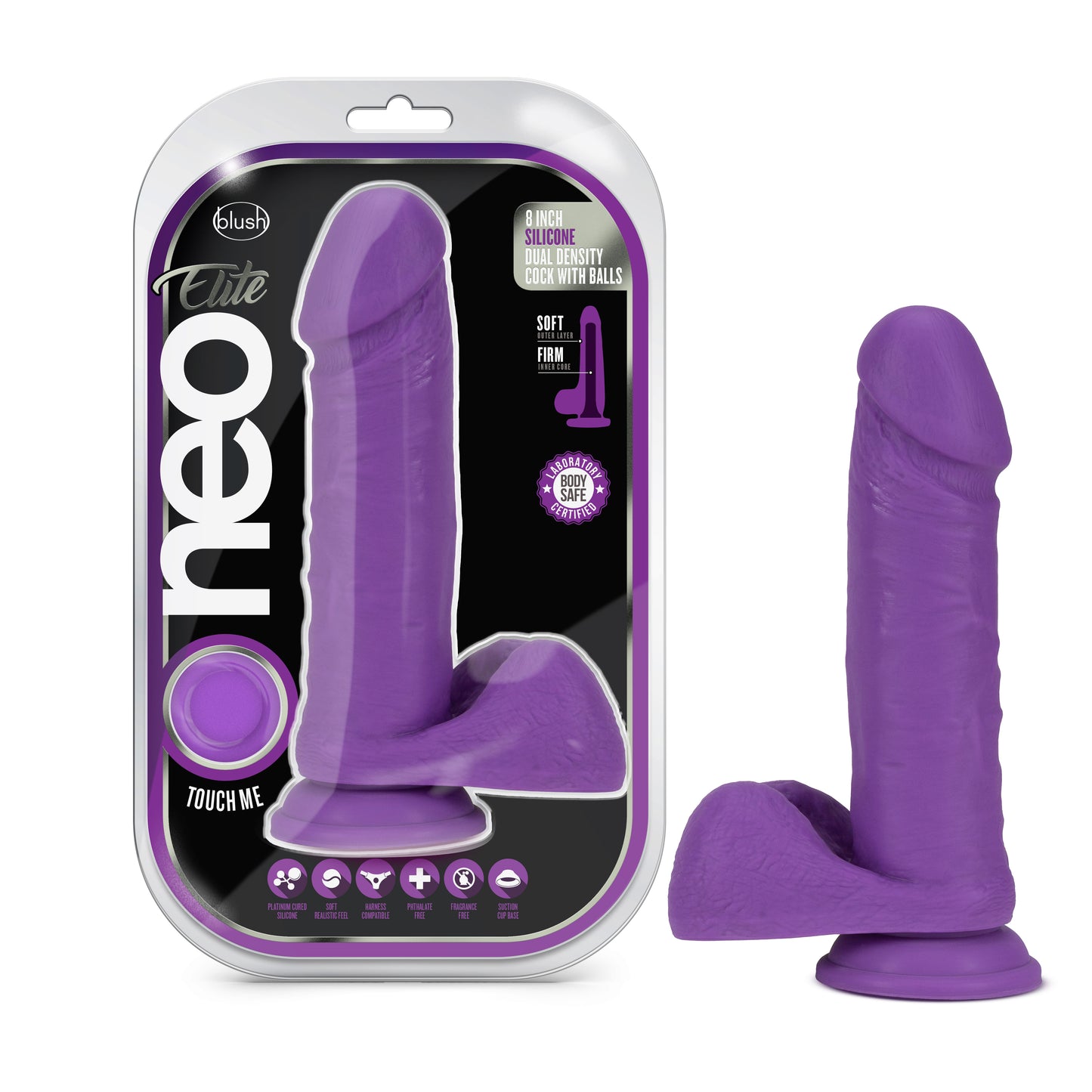 Neo Elite - 8 Inch Silicone Dual Density Cock  With Balls - Neon Purple BL-86701