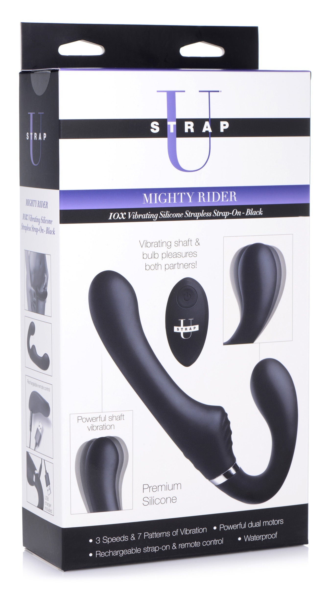 10x Mighty Rider Vibrating Strapless Strap-on  Black SU-AG557-BLK