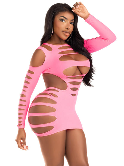 Opaque Shredded Cut Out Mini Dress - One Size - Neon Pink LA-87211NPNKOS