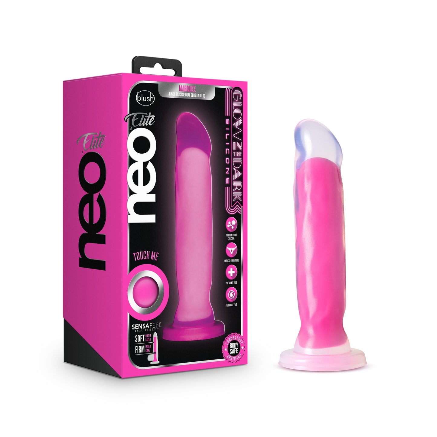 Neo Elite Glow in the Dark - Marquee - 8 Inch  Silicone Dual Density Dildo  - Neon Pink BL-88200