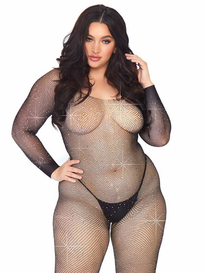 Crystalized Seamless Fishnet Long Sleeved  Bodystocking - 1x/2x - Black LA-89233XBL1X2