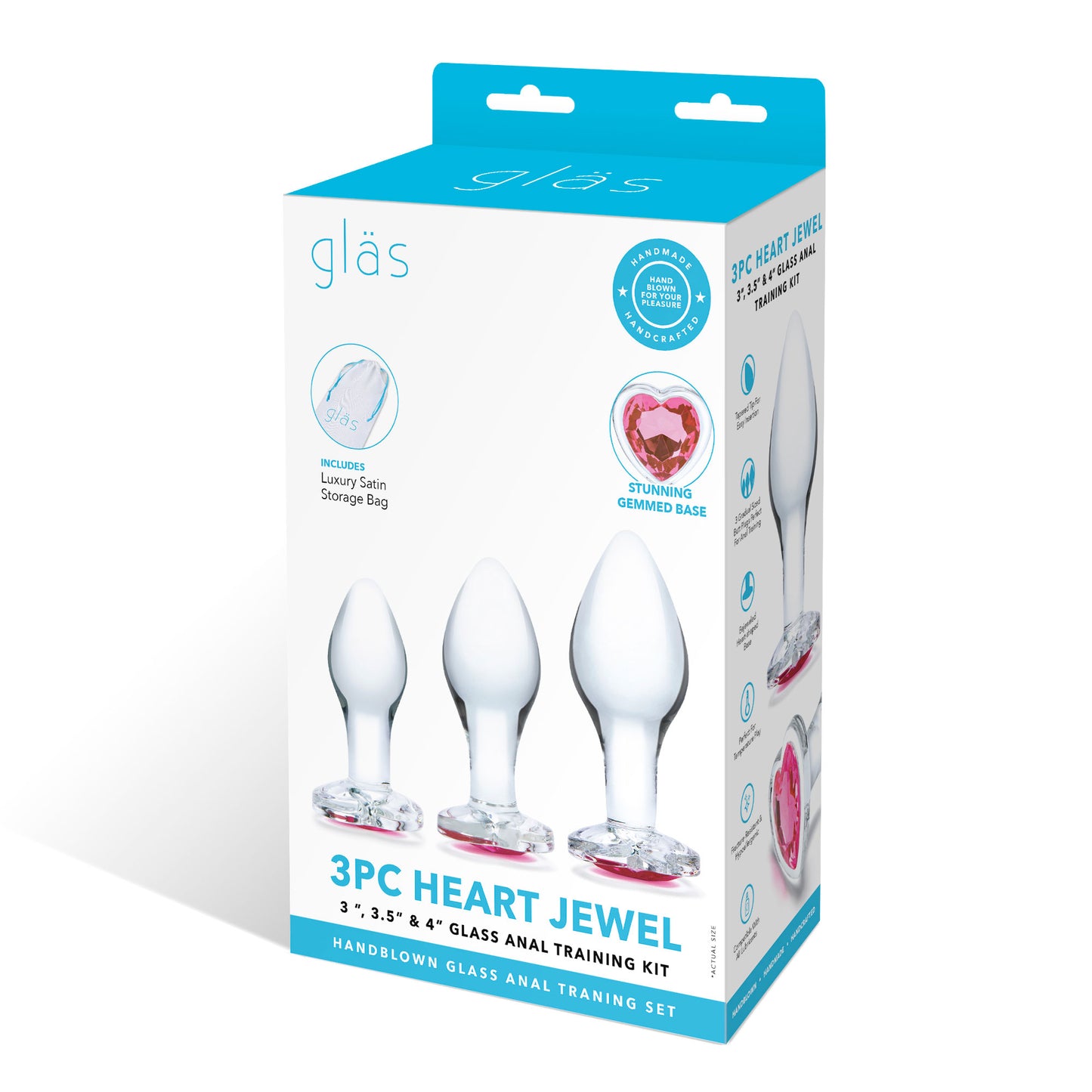 3 Pc Heart Jewel Glass Anal Training Kit -  Clear/pink GLAS-SET-08