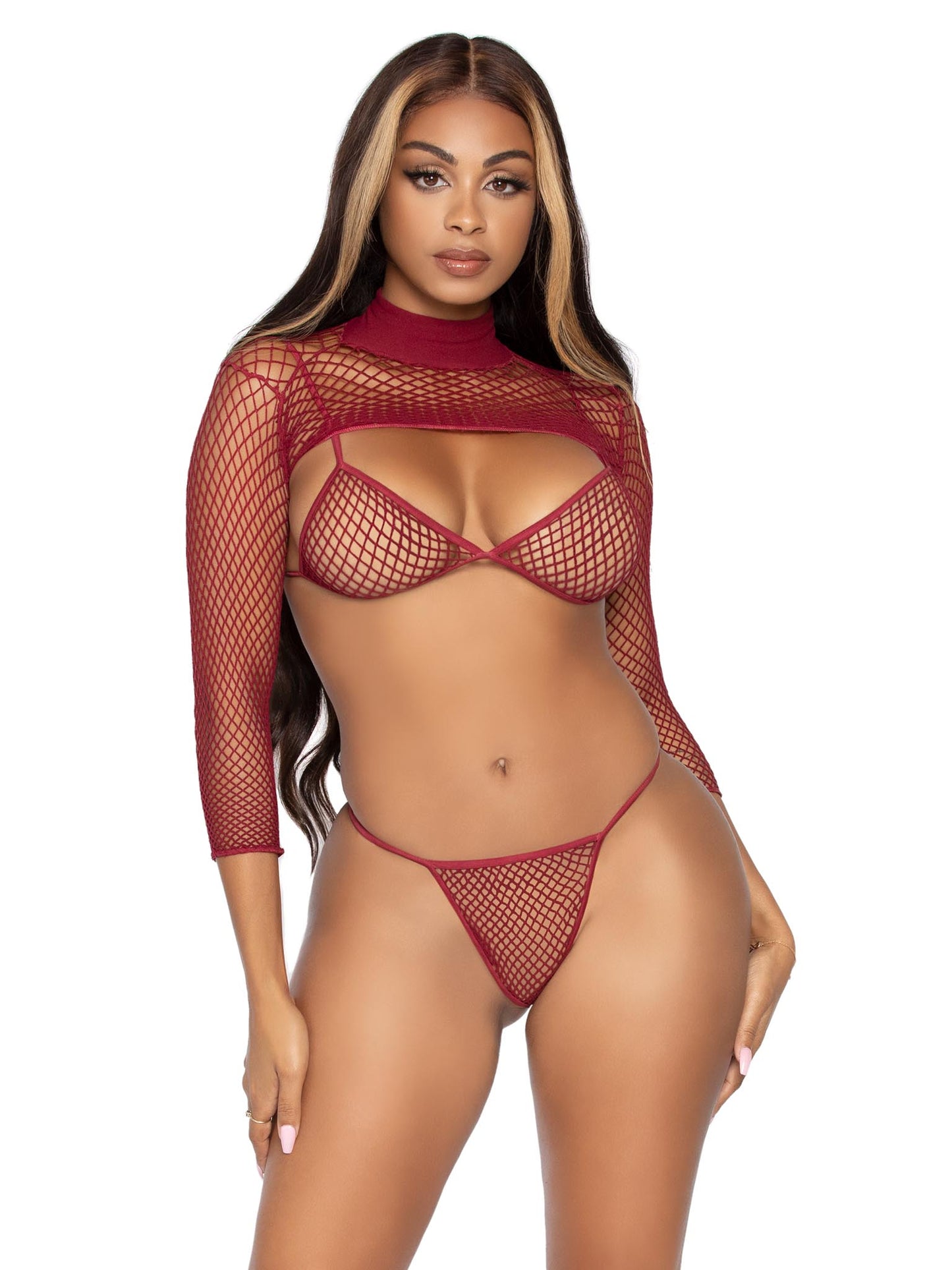 3 Pc Industrial Net Bikini Top G-String and Long  Sleeved Crop Top - One Size - Burgundy LA-81583BUR