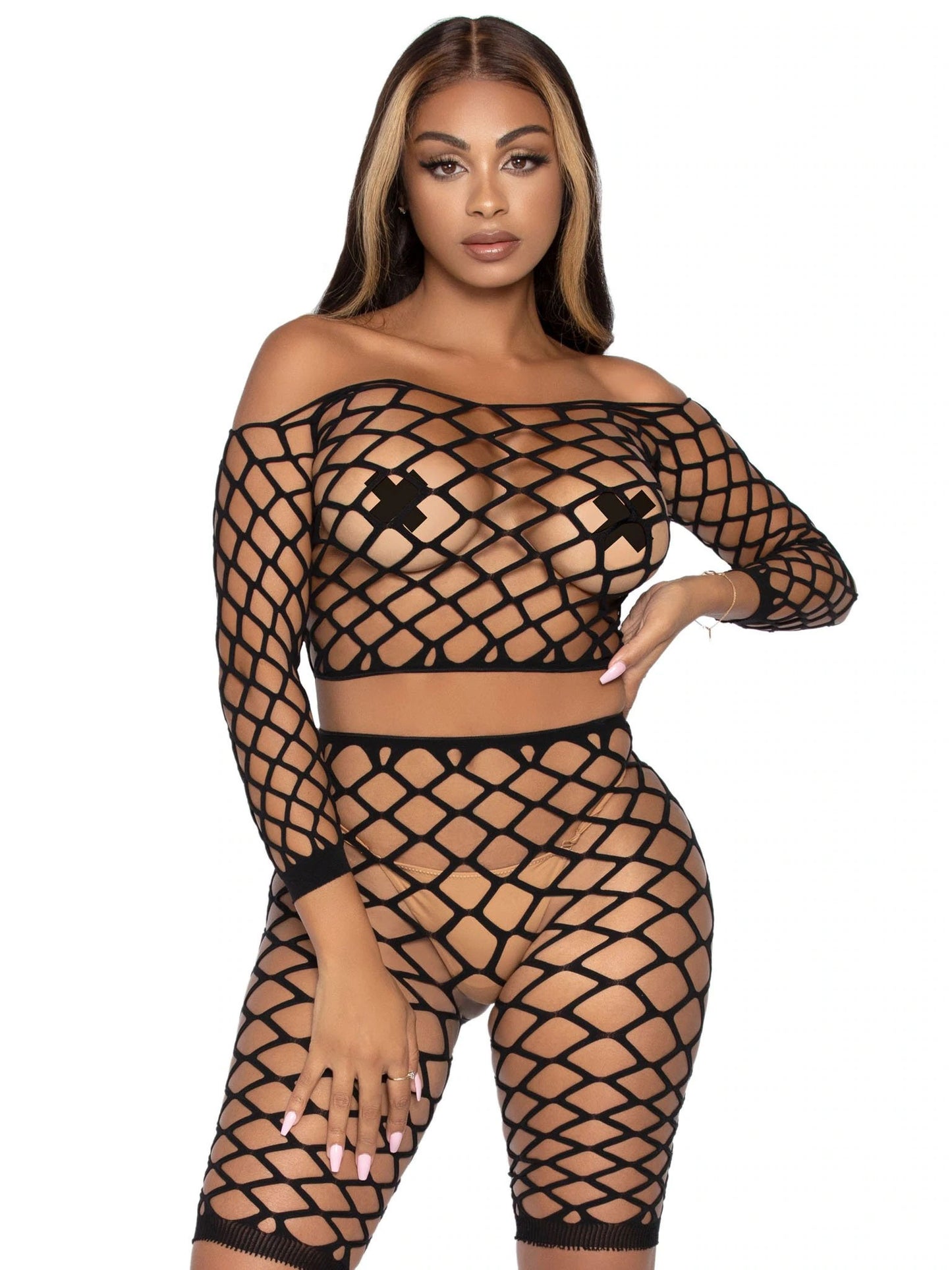 2 Pc Net Crop Top and Bike Shorts - One Size -  Black LA-81633BLKOS