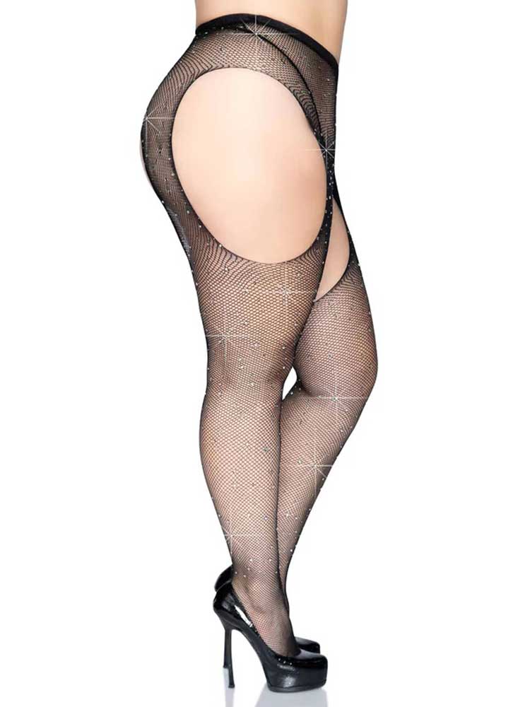 Casey Rhinestone Fishnet Suspender Pantyhose - Queen - Black LA-9108XBLKQ