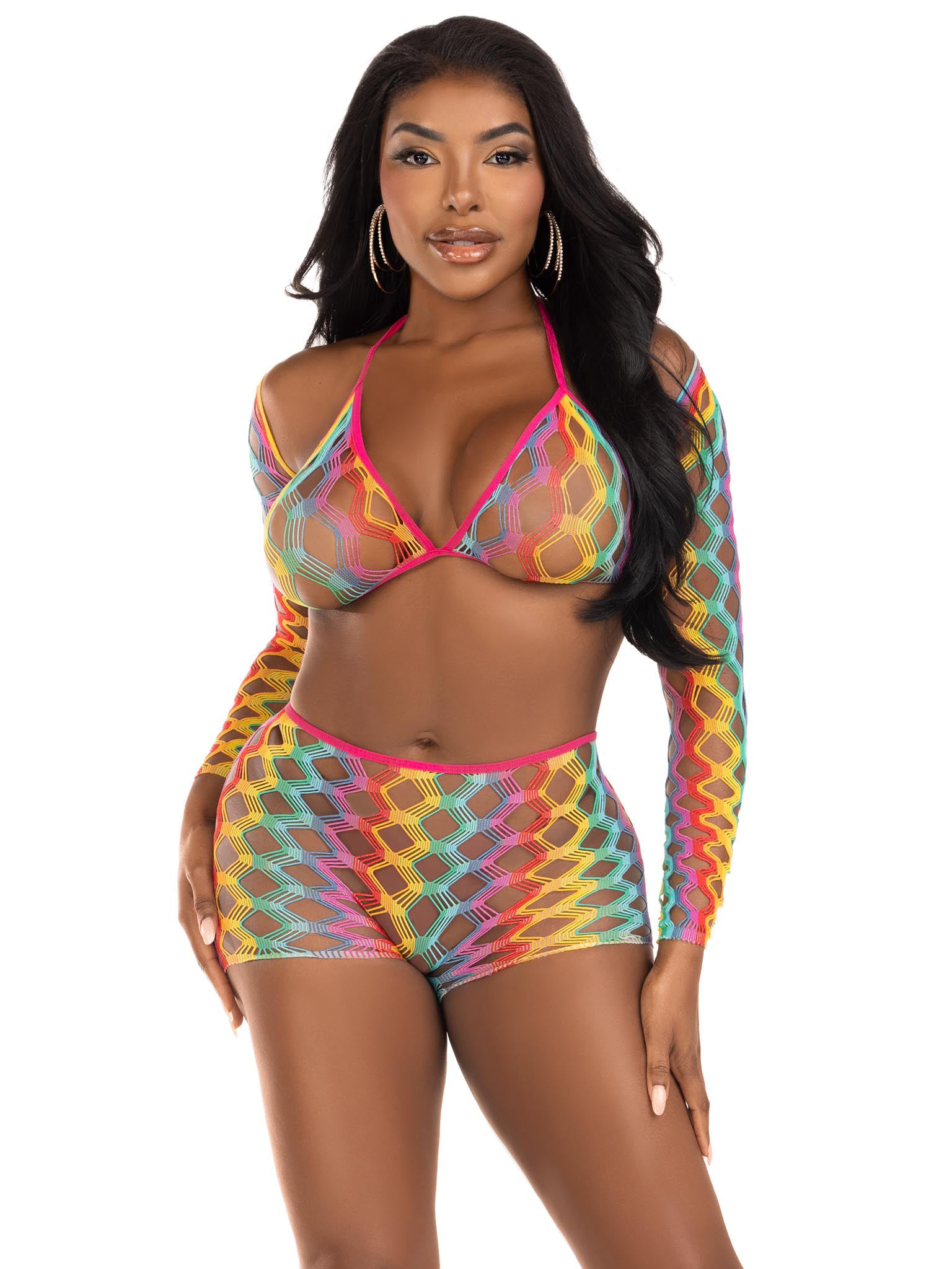 3 Pc Net Bra Top With Shrug and Boy Shorts - One  Size - Multicolor LA-81661MULOS