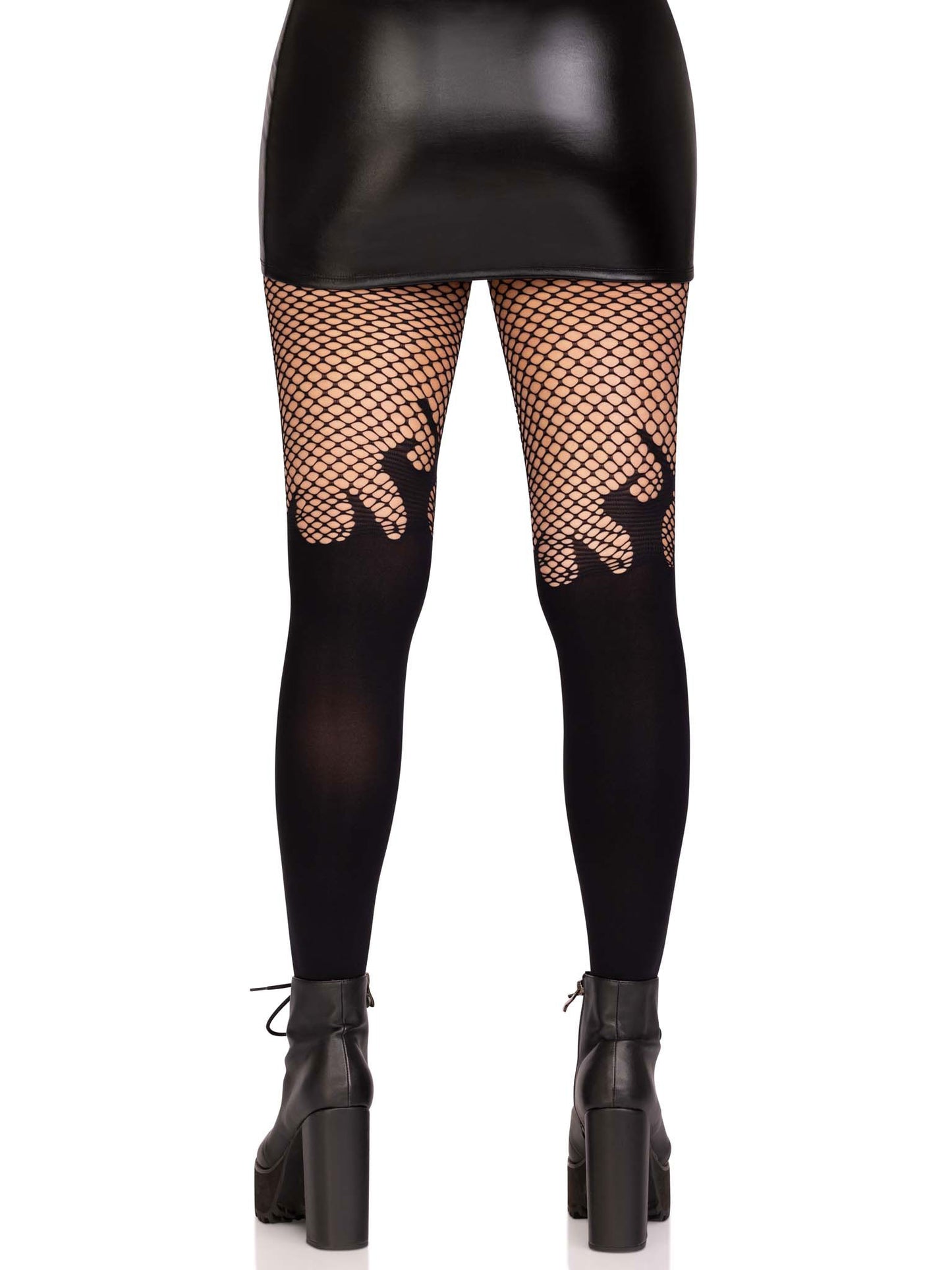 Opaque Flame Tights With Fishnet Top - One Size -  Black LA-9729BLKOS