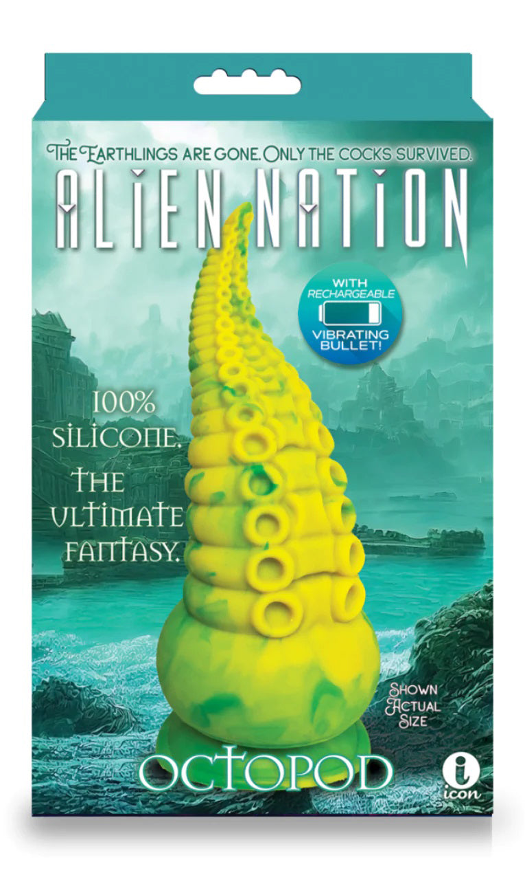 Alien Nation Octopod Silicone Rechargeable  Vibrating Creature Dildo - Yellow and Green IC1354