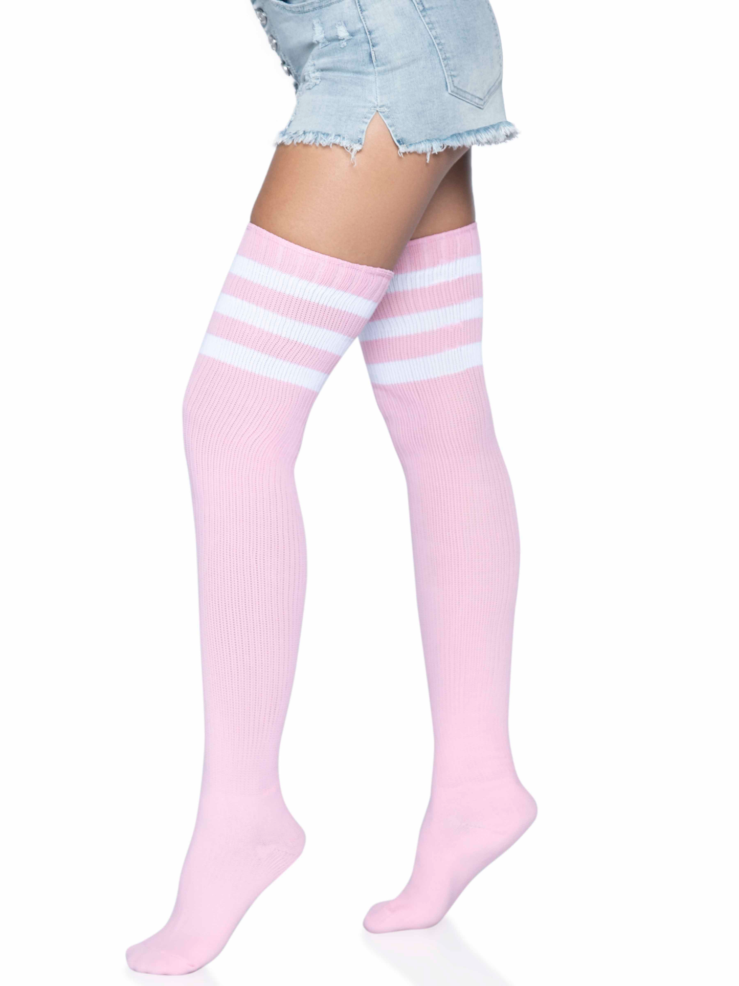 3 Stripes Athletic Ribbed Thigh Highs - One Size - Light Pink LA-6605LTPNK