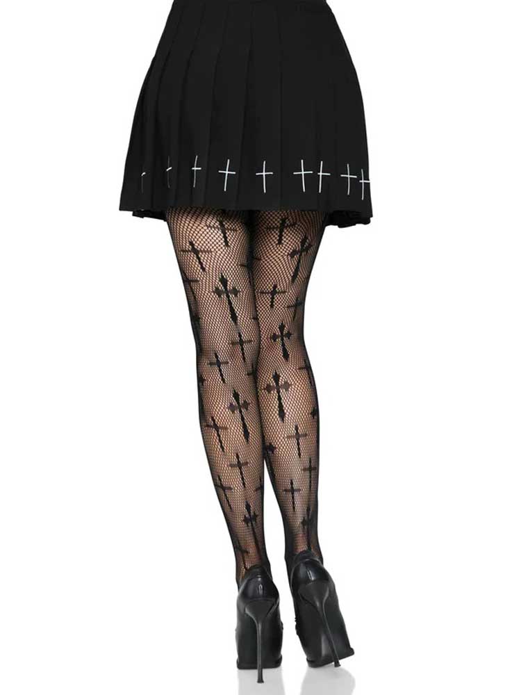 Worship Me Cross Net Tights - 1x/2x - Black LA-9753XBLK1X2