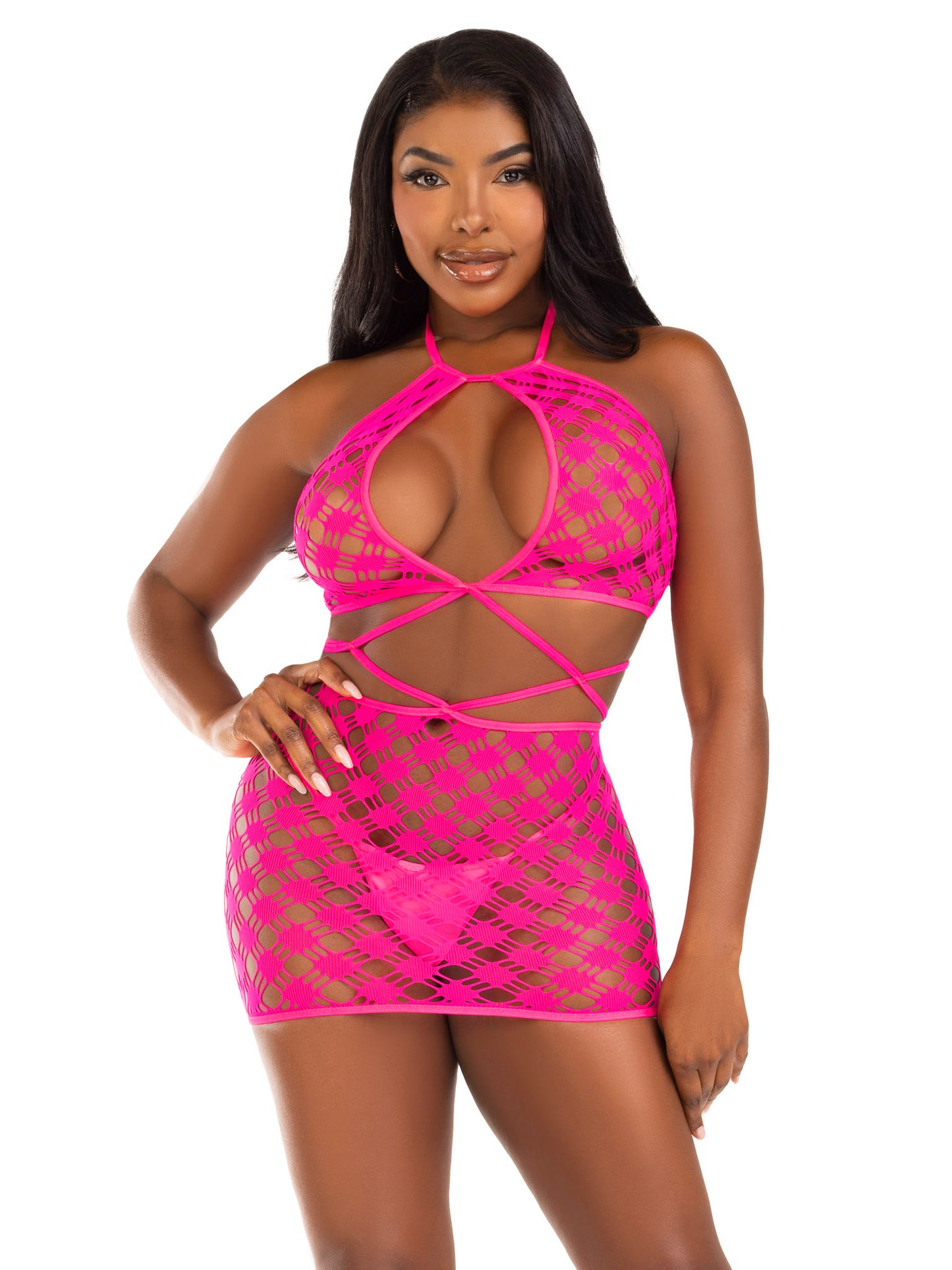 Keyhole Halter Hardcore Ney Mini Dress - One Size  - Neon Pink LA-87209NPNKOS