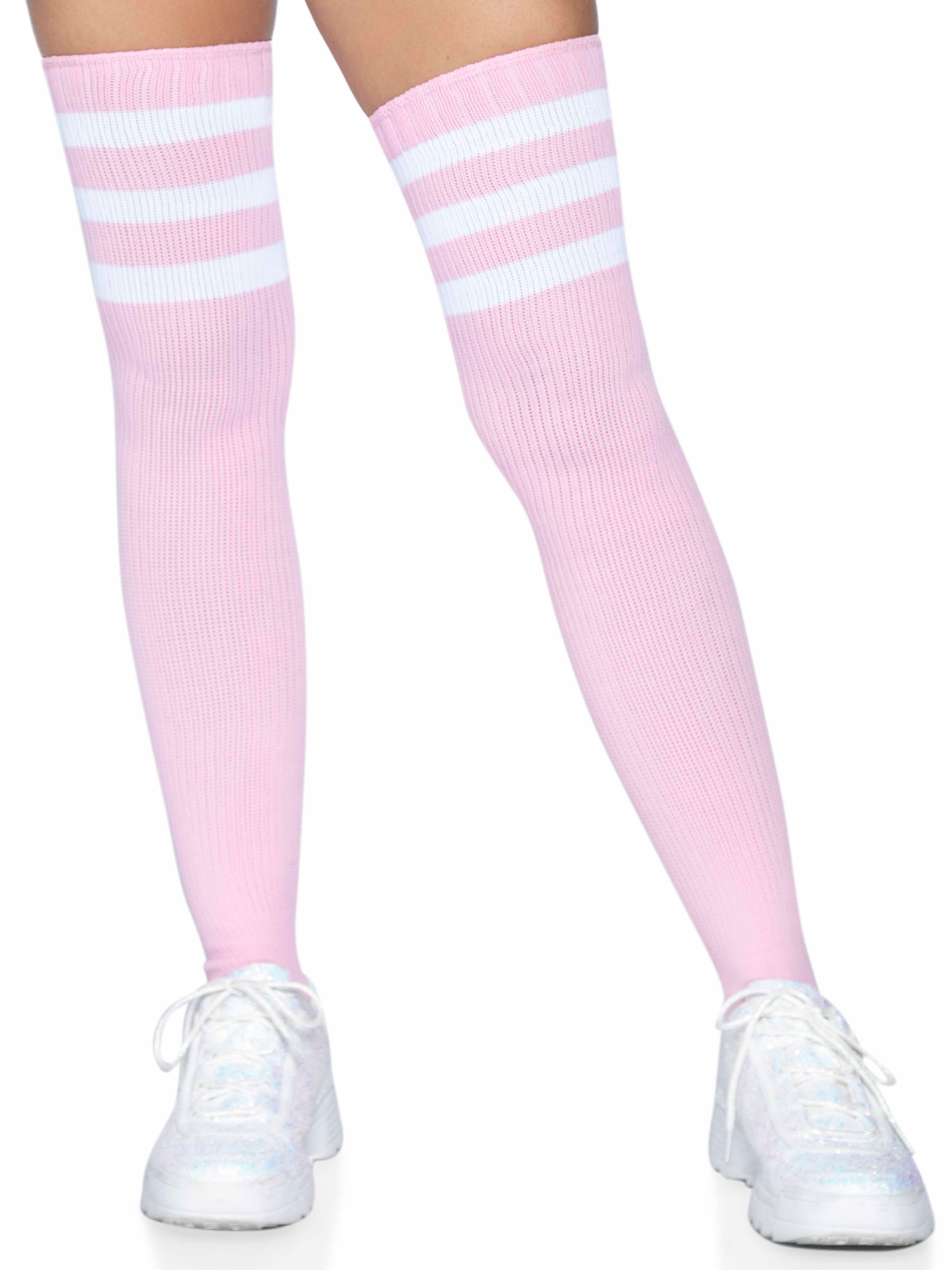 3 Stripes Athletic Ribbed Thigh Highs - One Size - Light Pink LA-6605LTPNK