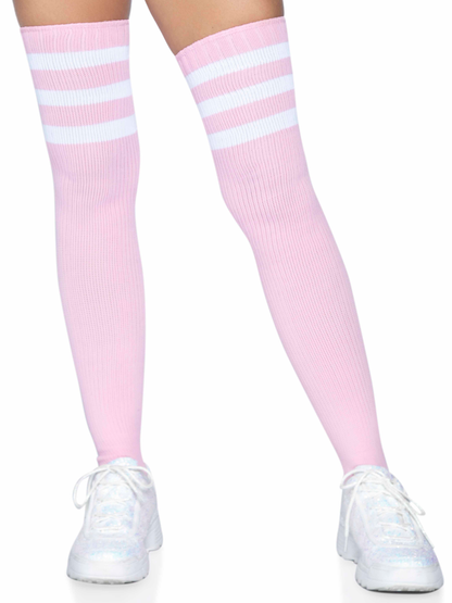 3 Stripes Athletic Ribbed Thigh Highs - One Size - Light Pink LA-6605LTPNK