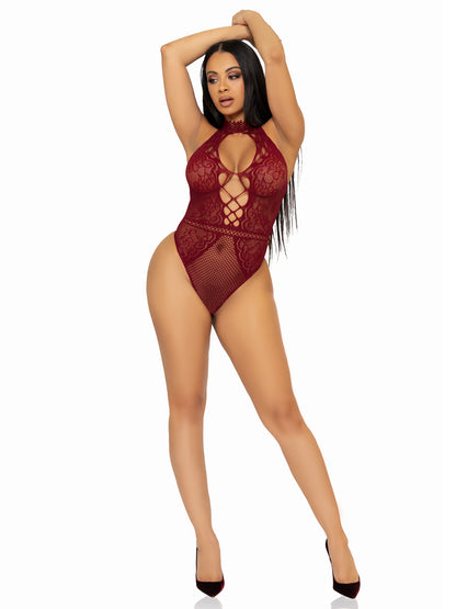 Net and Lace Keyhole Halter Bodysuit - One Size -  Burgundy LA-89307BUROS