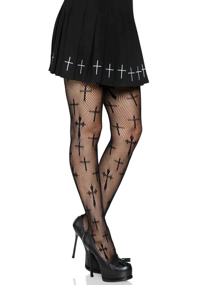 Worship Me Cross Net Tights - 1x/2x - Black LA-9753XBLK1X2