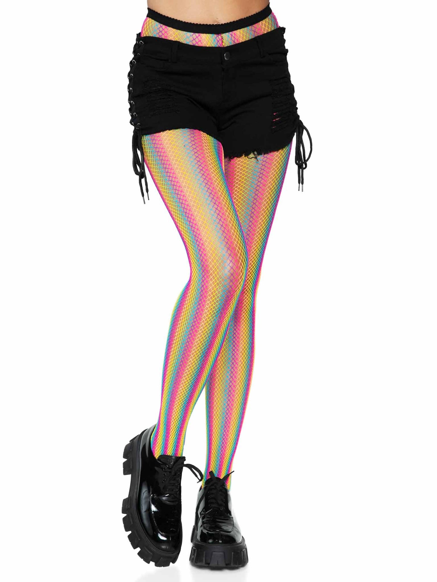 Neon Rainbow Striped Fishnet Tights - One Size -  Multicolor LA-9970MULOS