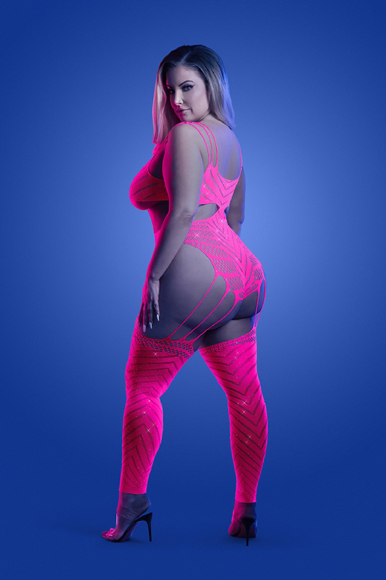 Wavelength Cutout Rhinestone Teddy Bodystocking -  Queen - Neon Pink FL-GL2140-QS-B