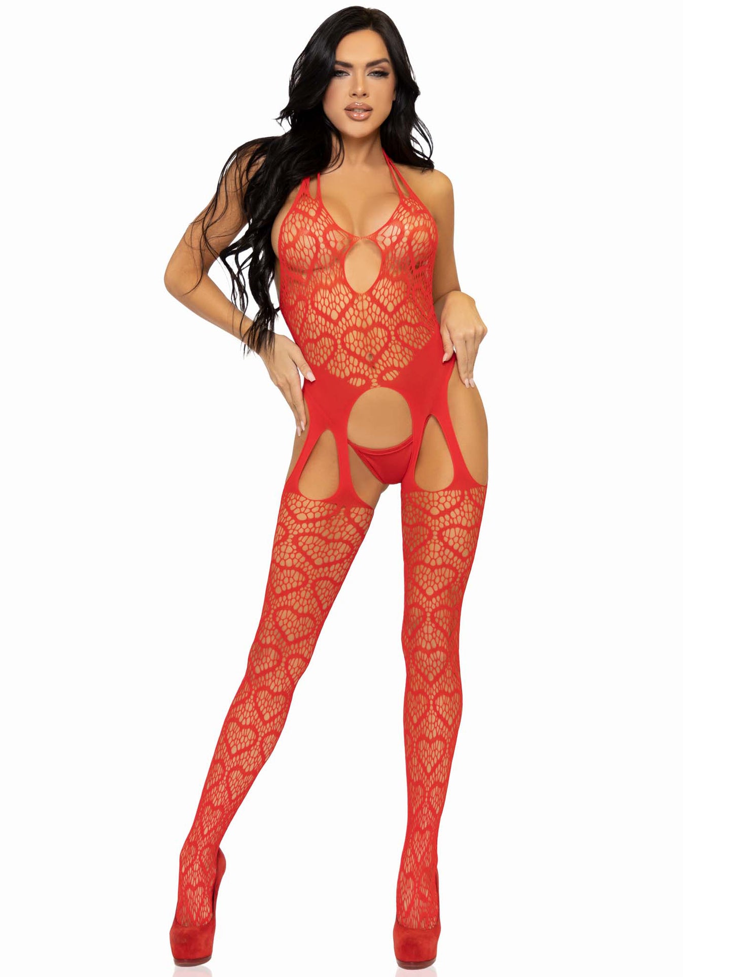 Seamless Heart Net Suspender Bodystocking - One  Size - Red LA-89306REDOS