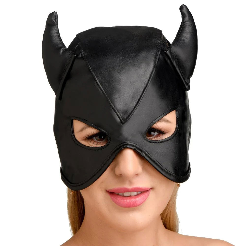 Dungeon Demon Bondage Hood With Horns - Black MS-AH058