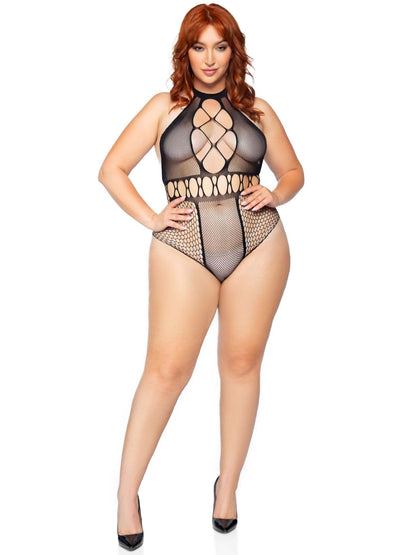 Multi Net Halter Bodysuit - 1x/2x - Black LA-81639XBK1X2