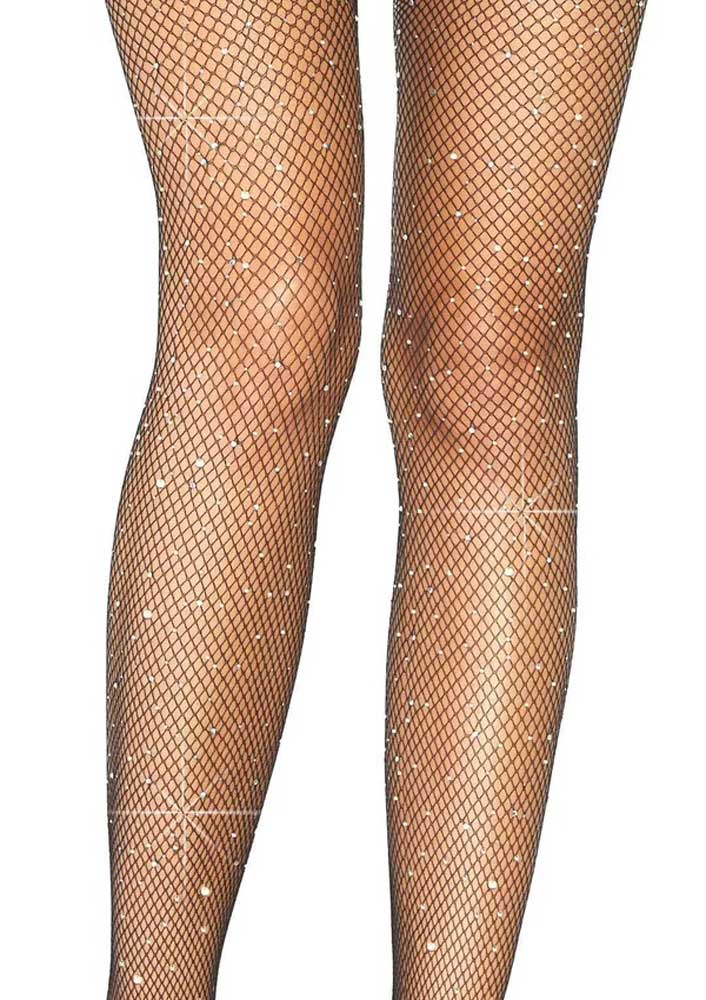 Casey Rhinestone Fishnet Suspender Pantyhose - One Size - Black LA-9108BLKOS