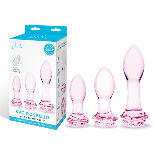 3 Pc Rosebud Butt Plug Set - Pink GLAS-SET-07