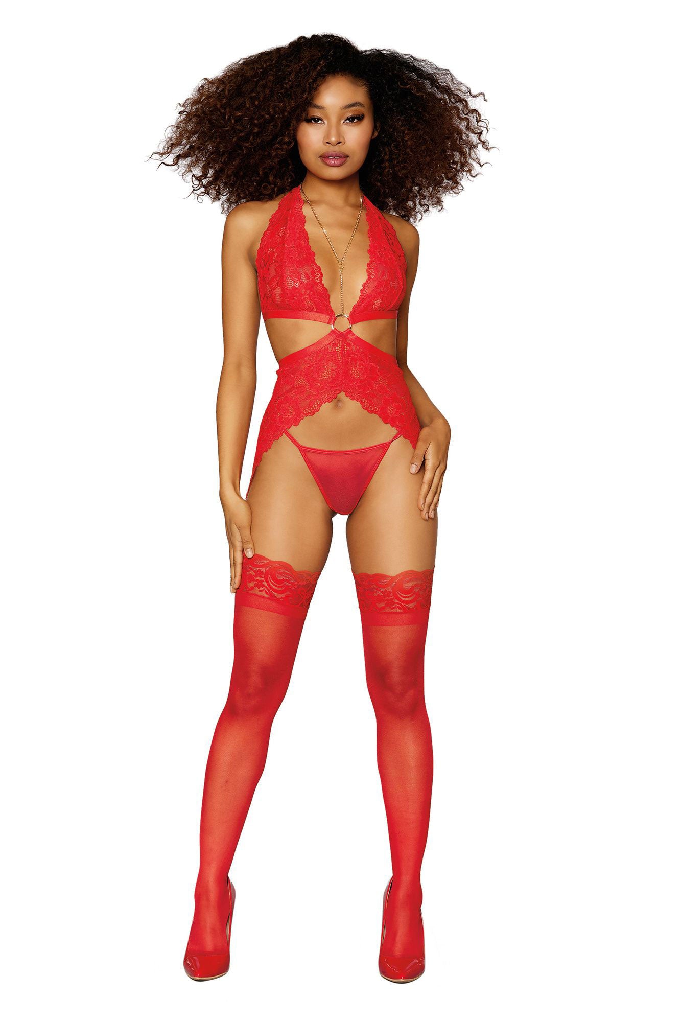 Garter Slip and G-String - One Size - Lipstick Red DG-12708LRDOS