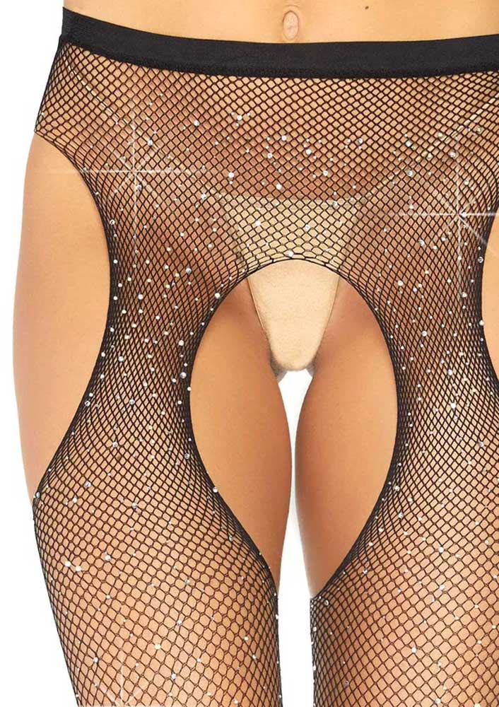 Casey Rhinestone Fishnet Suspender Pantyhose - One Size - Black LA-9108BLKOS