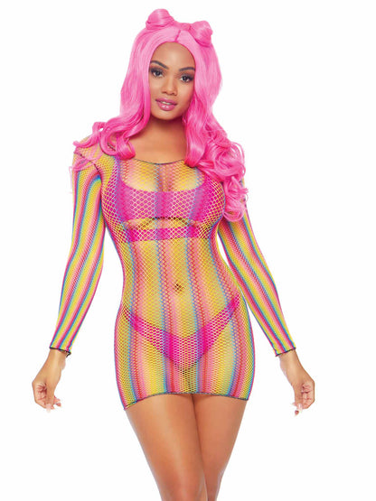 Rainbow Fishnet Long Sleeved Mini Dress - One Size - Rainbow LA-86795RNBOS