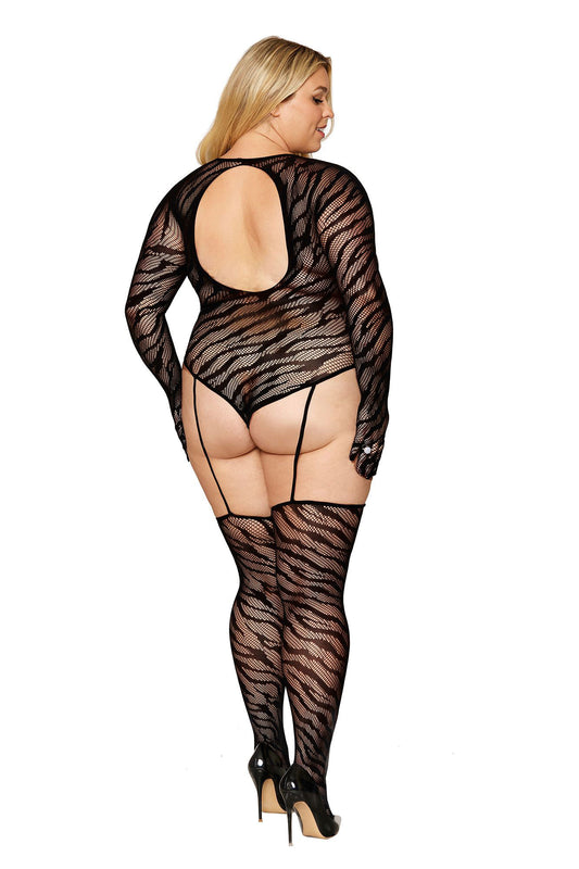 Teddy Bodystocking With Fingered Gloves - Queen Size - Black DG-0420BLKQ