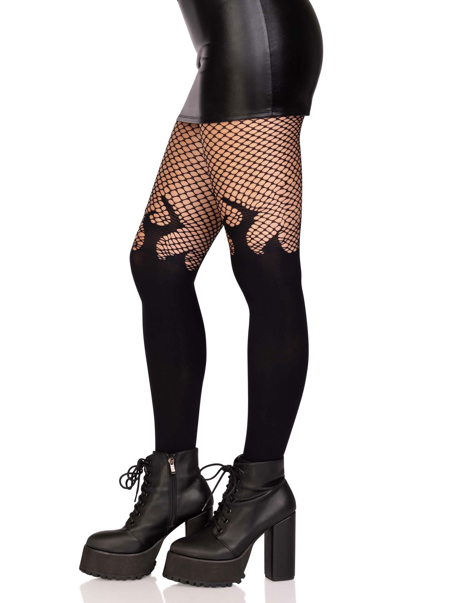 Opaque Flame Tights With Fishnet Top - One Size -  Black LA-9729BLKOS