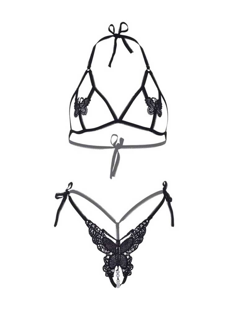 Butterfly Bra and Panty Set - One Size - Black LA-81655BLKOS