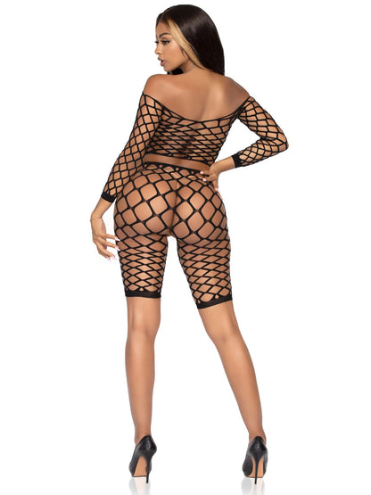 2 Pc Net Crop Top and Bike Shorts - One Size -  Black LA-81633BLKOS