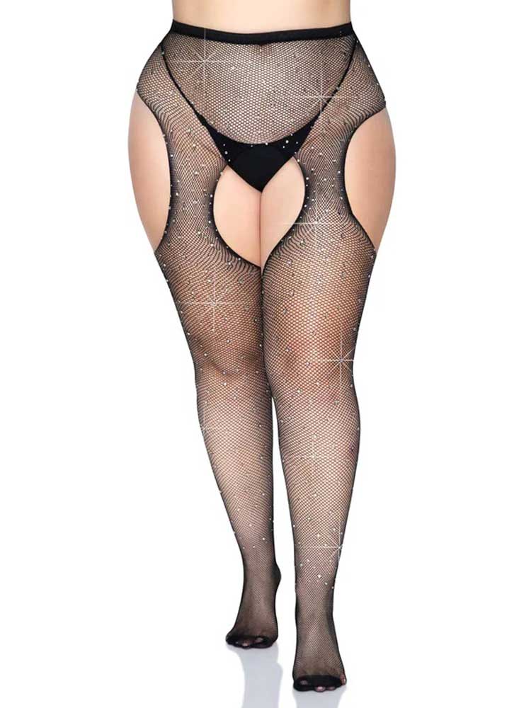 Casey Rhinestone Fishnet Suspender Pantyhose - Queen - Black LA-9108XBLKQ