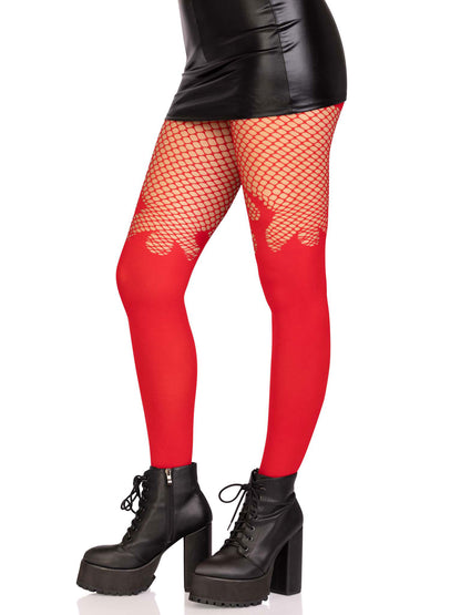 Opaque Flame Tights With Fishnet Top - One Size -  Red LA-9729REDOS