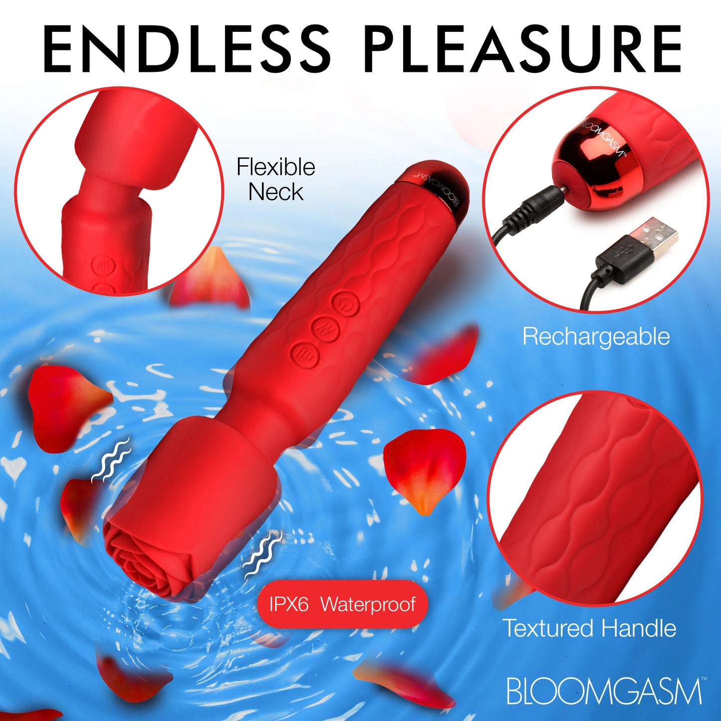 Pleasure Rose 10x Silicone Wand With Rose  Attachment - Red INM-AH318