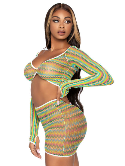 2 Pc Zig Zag Net Crop Top and Mini Dress - One  Size - Green LA-81629GRNOS