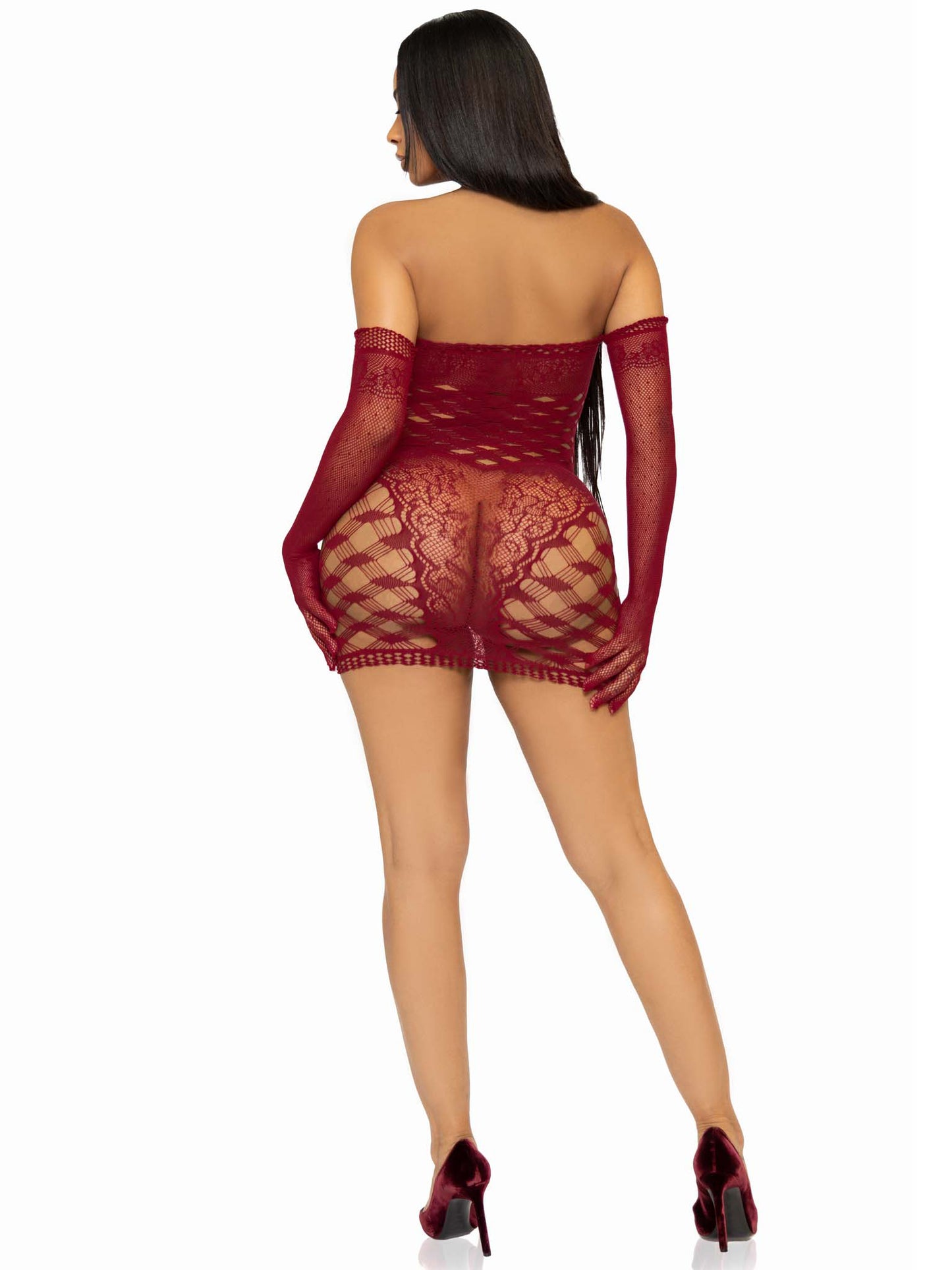 2 Pc Hardcore Net Tube Dress With Gloves - One Size - Burgundy LA-86136BUROS