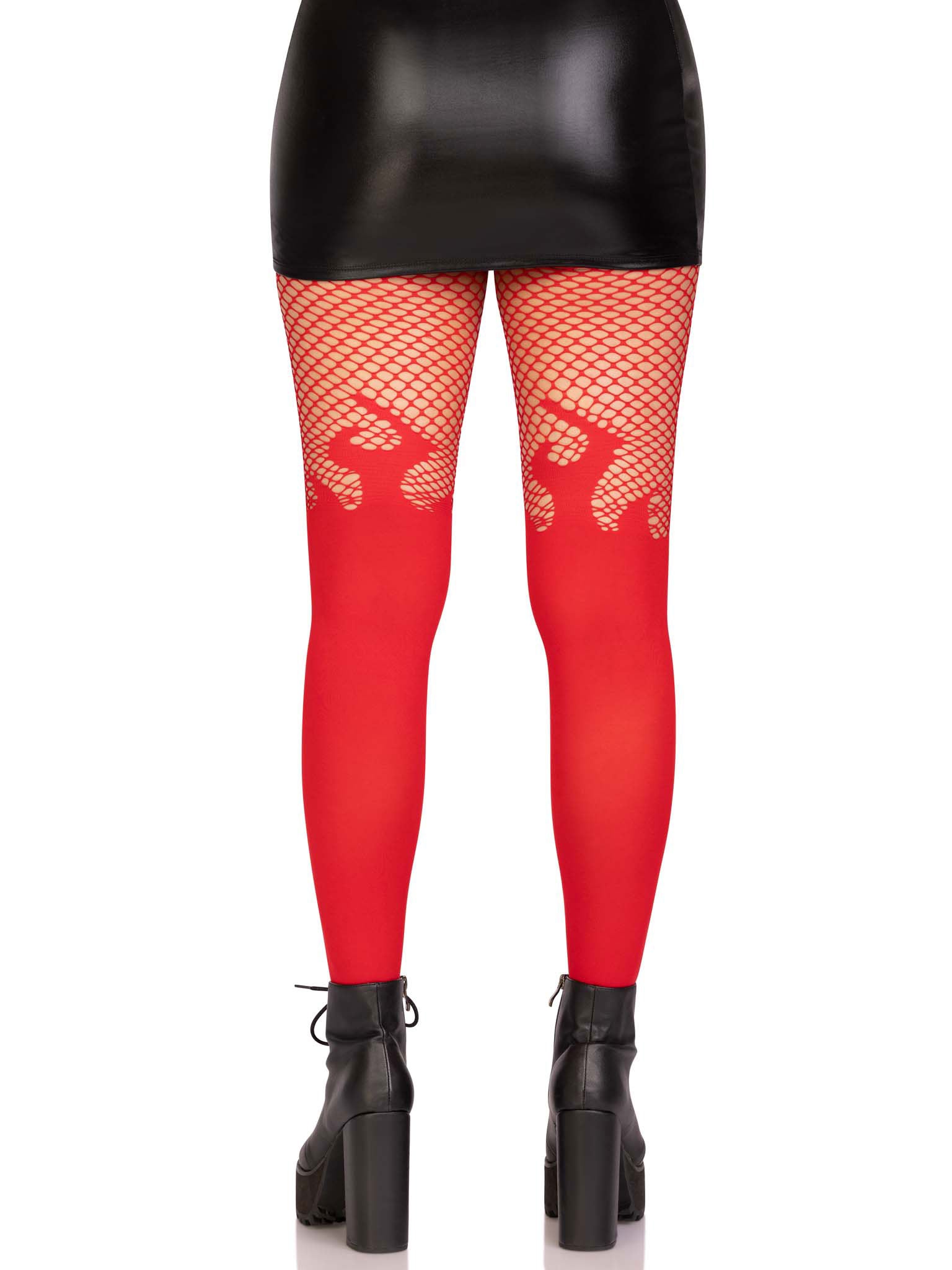 Opaque Flame Tights With Fishnet Top - One Size -  Red LA-9729REDOS