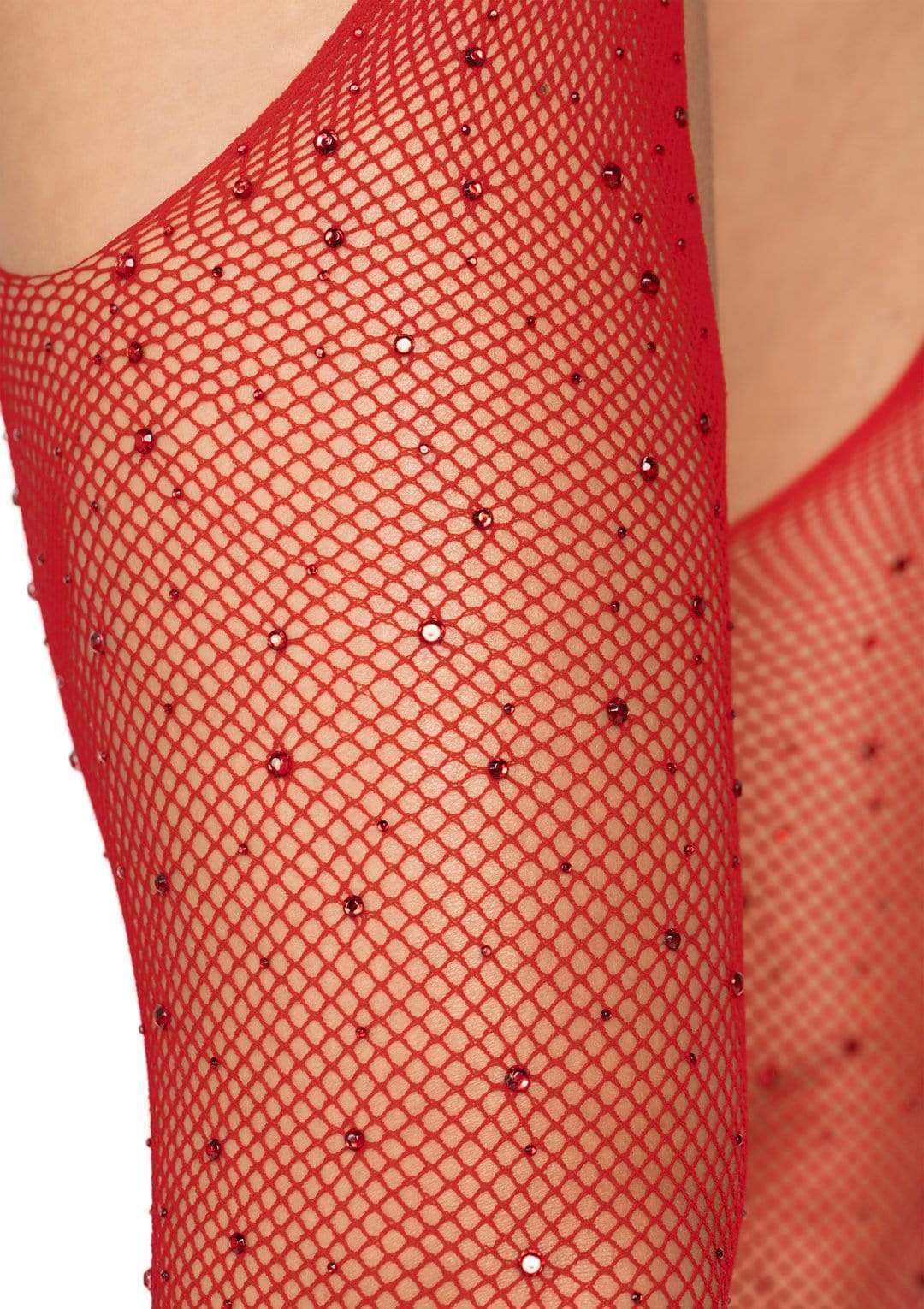 Casey Rhinestone Fishnet Suspender Pantyhose - One Size - Red LA-9108REDOS