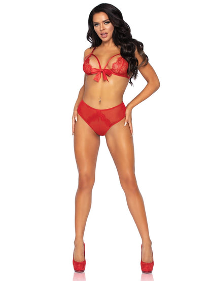 2 Pc. Lace Bralette and Ribbon Tie Crotchless  Panty - One Size - Red LA-81620RD