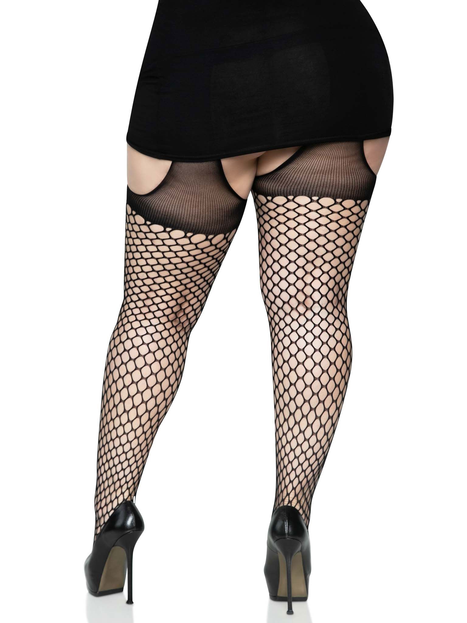 Oval Net Suspender Hose With Opaque Top - 1x/2x Size - Black LA-1953XBLK1X2