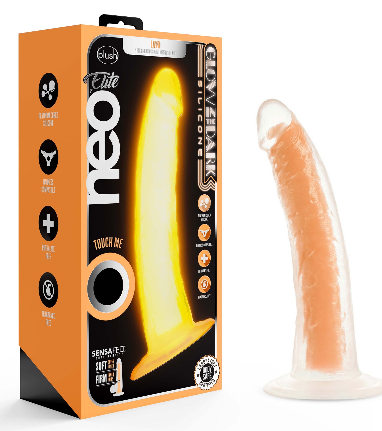 Neo Elite Glow in the Dark - Lavo - 7 Inch  Silicone Dual Density Dildo - Neon Orange BL-12719